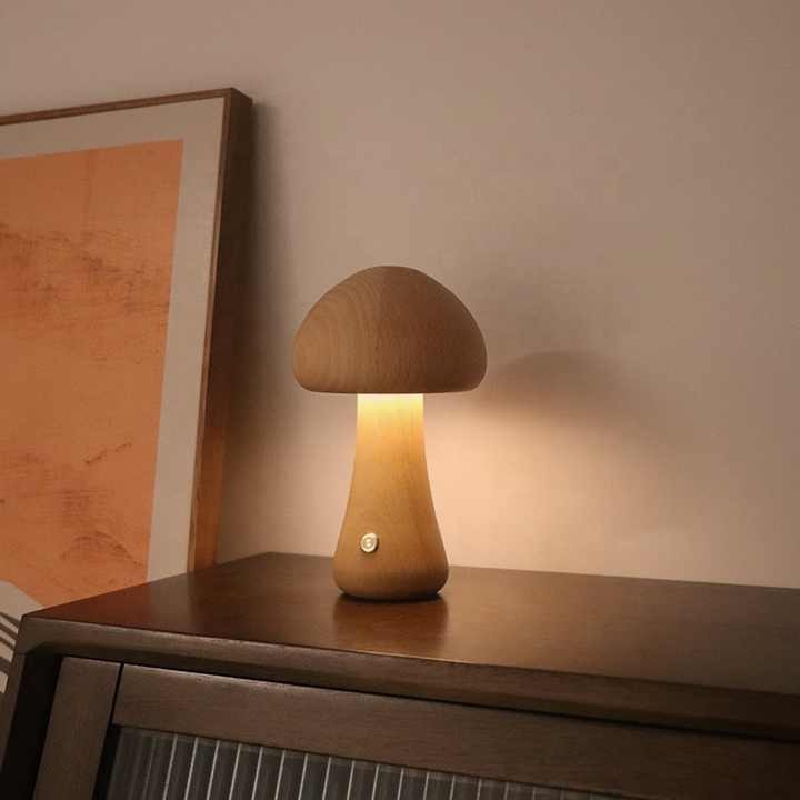 Wooden Mushroom Night Light – Rechargeable Warm LED, 4 Styles