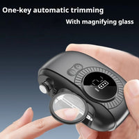 Magnifying electric nail trimmer shown with charging cable