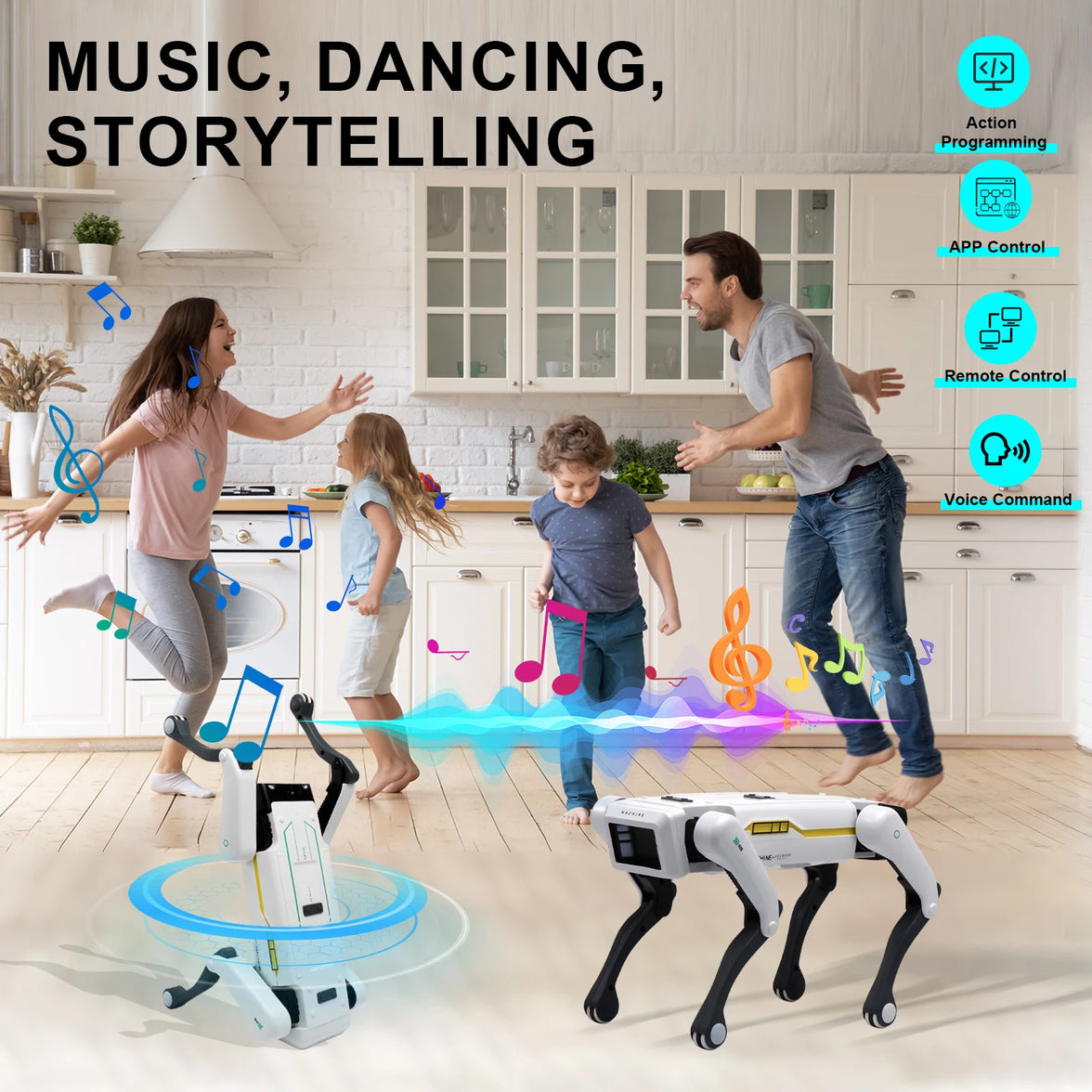 Robot dog shown with charging cable