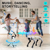 Robot dog shown with charging cable