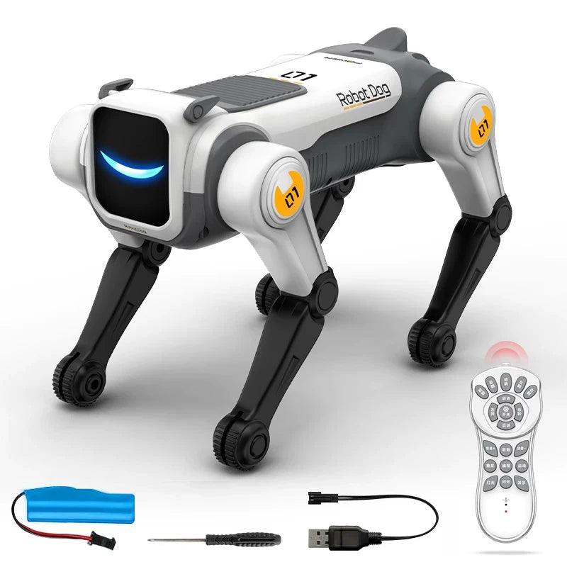 Robot dog shown with remote control