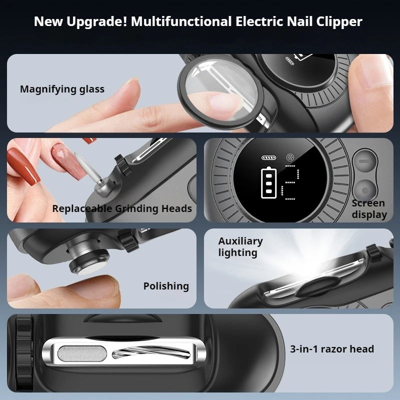 Magnifying electric nail trimmer held in hand for scale