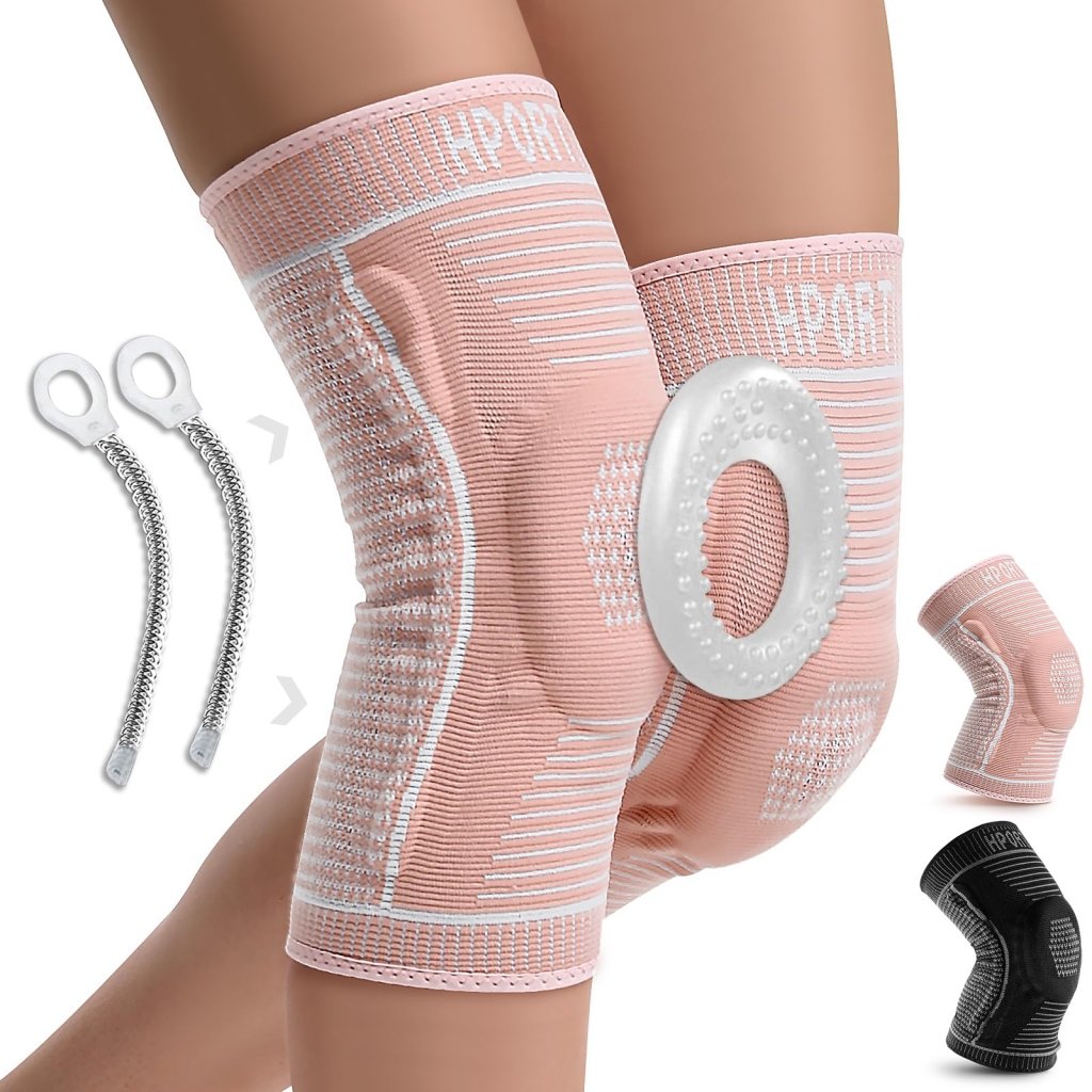 Compression knee brace with patella gel pad and side stabilizers