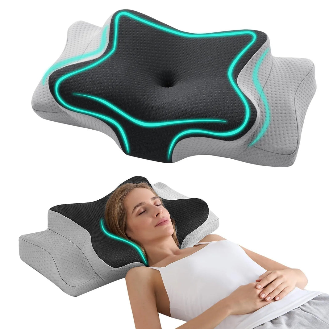 Compact memory foam neck pillow in black and gray