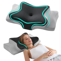 Compact memory foam neck pillow in black and gray