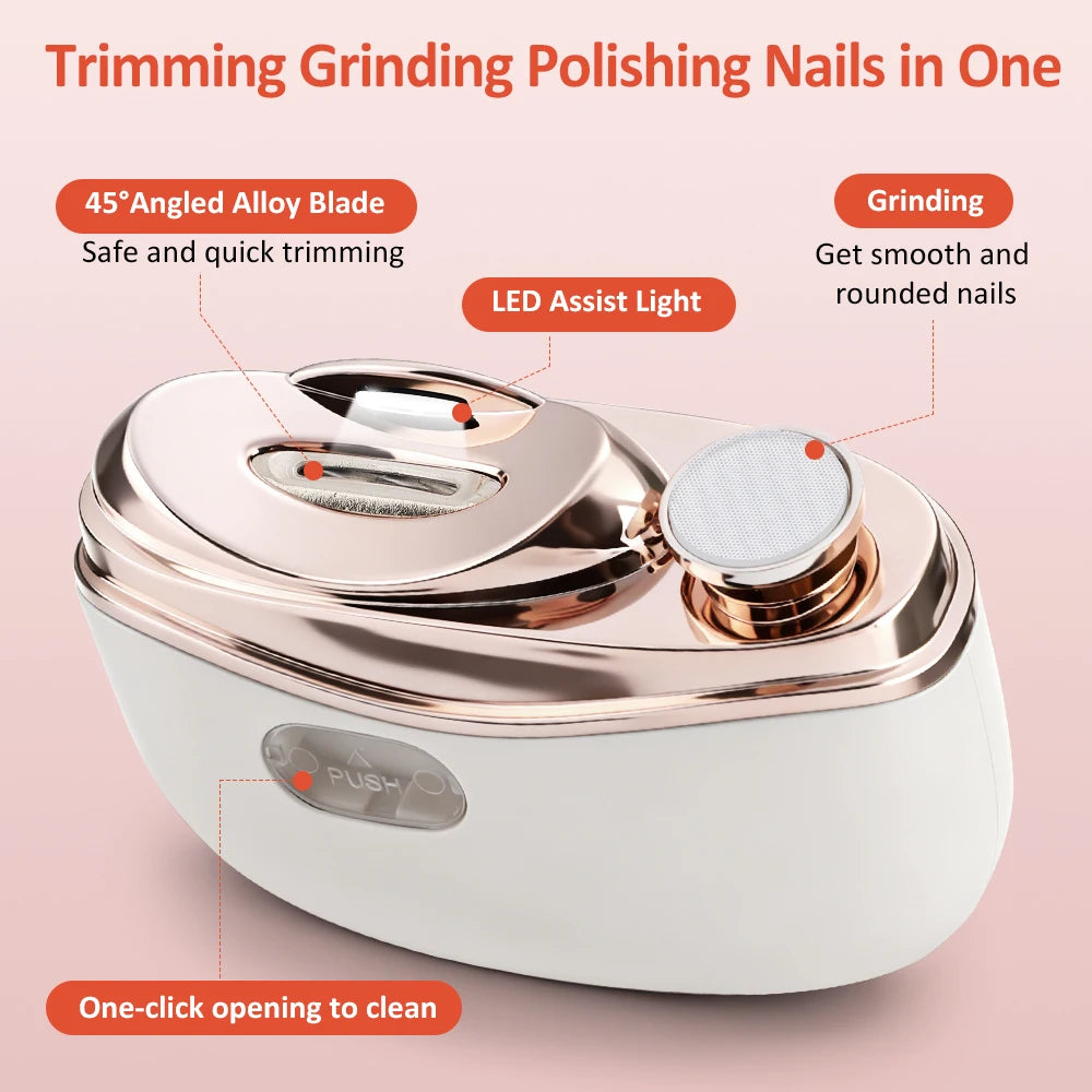 Electric nail trimmer being used for gentle nail filing